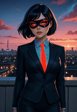 AI generated video: Marinette (Ladybug) standing atop a Paris rooftop at twilight, suit glowing…