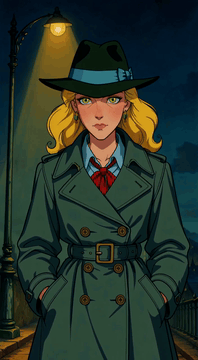 AI generated video: rb_retro, one beautiful blonde woman in a trenchcoat and fedora, standing under…