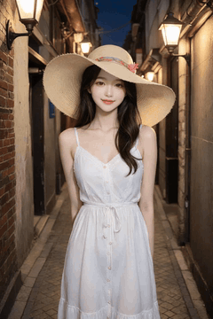 AI generated video: A young woman wearing a white dress and a straw hat is slowly walking along the…