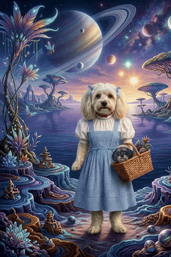 AI generated video: the white fluffy dog in the blue dress exploring the colorful alien planet…