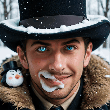AI generated video: Man's glowing eye shoots out laser beam and tiny penguin is surprised.