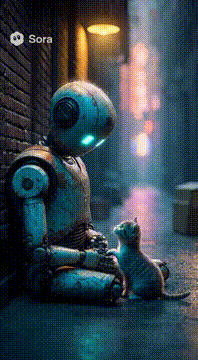 AI generated video: A heartwarming video of a sad, rusty, forgotten robot making friends with an…