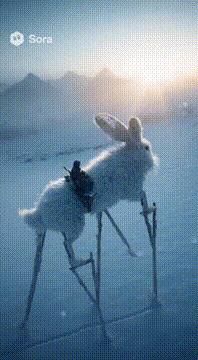 AI generated video: Giant snow hare with wooden legs in an icy valley.