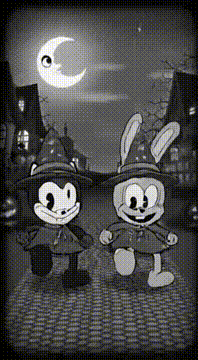 AI generated video: A 1930s film style. A black cat & rabbit with a rubber hose-like figure is…