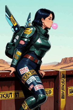 AI generated video: synth-punk courier, backpack made from drone wings, armored stockings patched…