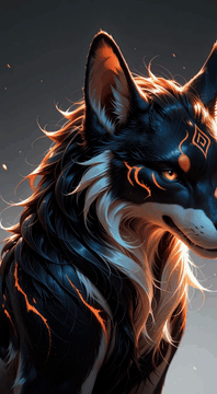 AI generated video: Style: Fantasy art, cinematic. The large, black wolf lowers its head as faint…