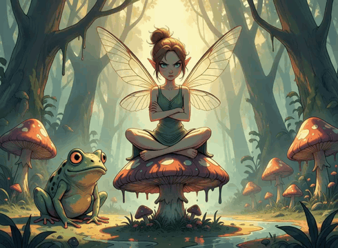 AI generated video: A pixie (adult female), She has gossamer wings, she is sitting cross-legged on…