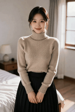 AI generated video: A woman stands still with a smile in front of her bedroom,, the window curtain…
