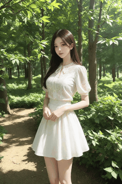AI generated video: A young woman dressed in white stands on a forest path; her long hair sways in…