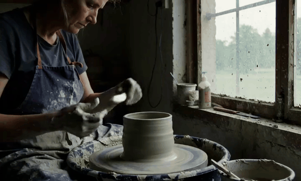 AI generated video: A ceramicist’s studio at first light, wet clay turning on the wheel, grey light…