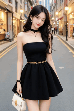 AI generated video: A young woman in a black dress walks down the street, the passers by in the…