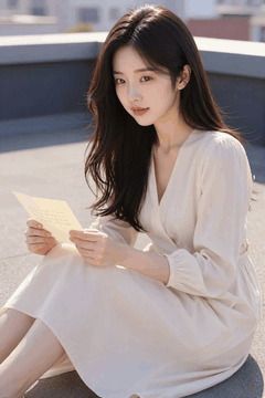 AI generated video: A woman in a white dress is sitting on a rooftop reading a letter, Her long…