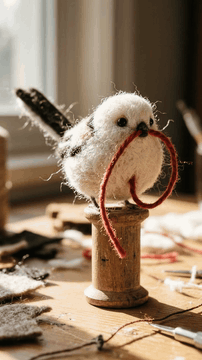 AI generated video: Single continuous macro tracking shot, 12fps needle-felt stop-motion craft…