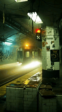 AI generated video: Inside a decaying old New York subway station, a rust-covered subway train…