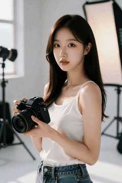 AI generated video: A young woman is standing with a camera and leaning slightly, her long hair…