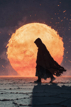 AI generated video: a dark silhouette of a person with a robe is walking in front of a sunset, it…