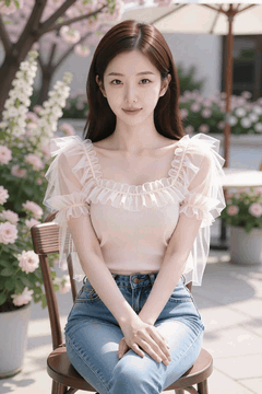 AI generated video: A pretty woman is sitting on a chair and smiling,, and the branches of the…