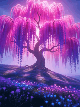 AI generated video: A massive, glowing willow tree with vibrant pink foliage dominates a dreamy…