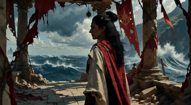 AI generated video: an upper-body portrait of an ancient oracle standing on a high stone platform…