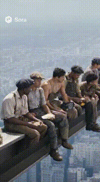 AI generated video: It’s 1932 and 10 construction workers are sitting and eating lunch high above…