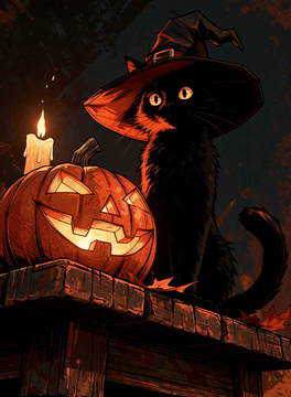 AI generated video: 0–1s: A black cat in a crooked witch hat sits beside a glowing jack-o’-lantern…