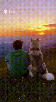 AI generated video: The kid (older now) and the adult husky sit together overlooking the horizon at…