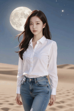 AI generated video: A young woman is standing in the desert and, her long hair is blowing in the…