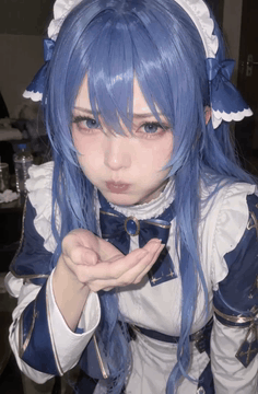 AI generated video: [source image: 用户发的图（蓝发女仆装 · 双手捧在胸前 · 嘴嘟起 · 幽怨）] For the target video, at 0.00…
