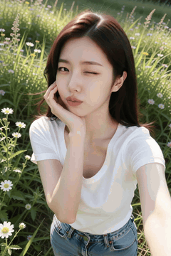 AI generated video: A young woman wearing a white t shirt winks while taking a selfie in a field…