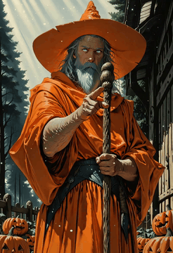 AI generated video: A tall, elderly wizard with a long, flowing grey beard and piercing blue eyes…