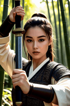 AI generated video: woman closeup, A female warrior standing in the middle of a bamboo forest, her…
