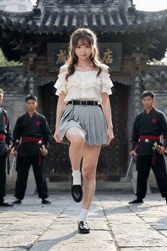AI generated video: A wide full-body martial arts shot. The whole body stays fully visible from…