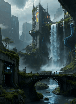 AI generated video: z1os, in a vast deep canyon viewed from a low angle, an ancient cyberpunk…