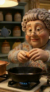 AI generated video: elderly grandma cracking an egg into a frying pan, claymation style, inside the…
