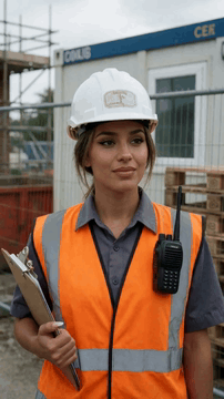 AI generated video: She speaks loudly over nearby construction noise to the interviewer off-camera…