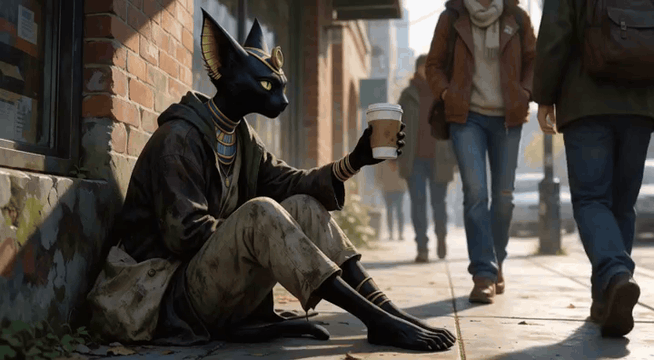 AI generated video: Bast, The cat-headed Egyptian goddess (black cat head, human body) in modern…