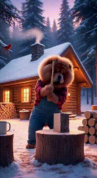 AI generated video: a fluffy, but manly looking chow chow is chopping firewood outside of a cozy…