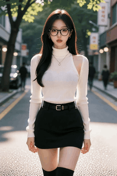 AI generated video: A woman with long hair walks in the street, the leaves of the trees around, and…