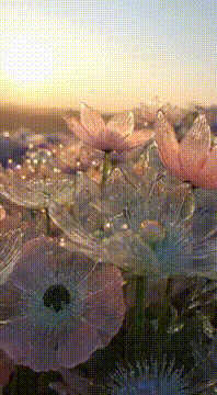 AI生成视频：陽光に輝くガラス製のアネモネとラナンキュラスの花畑。花をかき分けるようにドローン撮影。花が揺れてガラスの花のぶつかり合う音が響く。…