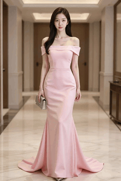AI generated video: a woman in a pink dress walks slowly down the hallway, The hem of the long…
