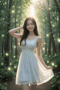 AI generated video: a woman in a white dress is posing on the forest path, The long hair is swaying…