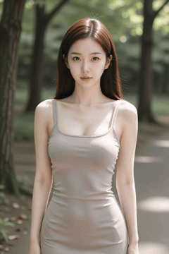 AI generated video: A woman with brown hair stands on the park path and looks at the front, her…