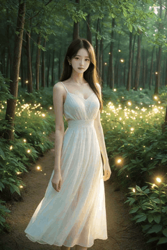 AI generated video: A woman in a white dress is walking slowly on the forest path, The dress skirt…