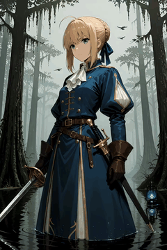 Видео, сгенерированное нейросетью: Anime digital illustration of Saber from Fate/stay night as a Hunt: Showdown…