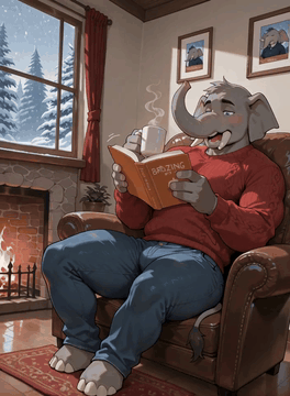 AI generated video: anthro male reading a book while sitting in a comfortable chair, it is snowing…