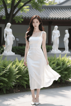 Видео, сгенерированное нейросетью: A woman in a white dress is walking slowly in the sculpture park, The hem of…
