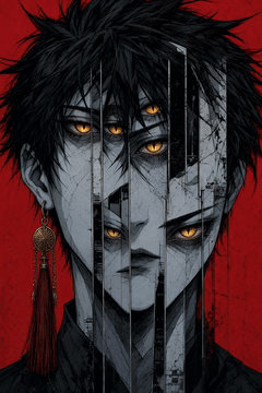AI generated video: Abstract anime style portrait, a fragmented face split into vertical strips or…