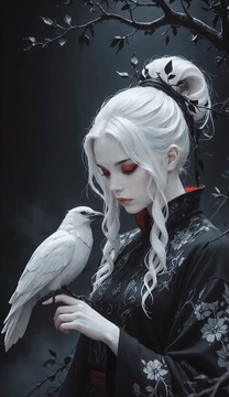 AI generated video: Woman looks at a bird. Bird flaps its wings and sits on a hand.