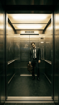 AI generated video: Single continuous dynamic tracking shot inside the elevator, psychological…