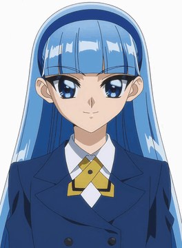 AI generated video: An anime-style girl with long, straight light blue hair and large, expressive…